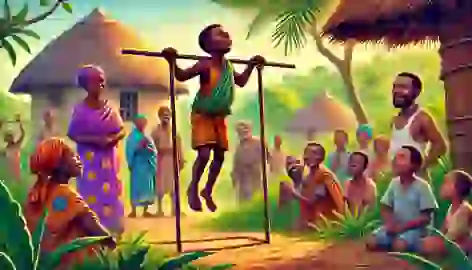 Sundiata using iron rods to stand, surrounded by villagers in awe, with his mother watching proudly.