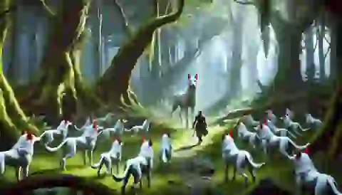 Pwyll encounters the otherworldly hounds in the forest, white fur and red-tipped ears hounds surrounding a stag.