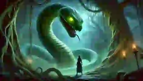 Aletheia confronts the ancient serpent with emerald scales in the heart of the dark Forest of Shadows.