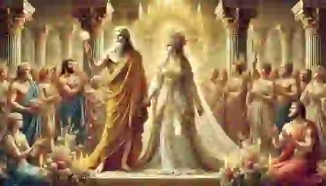 Zeus and Hera are wed amidst a celebration with other gods, surrounded by flowers and the golden palace of Olympus.