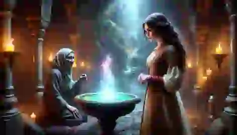 Leyla stands before the Enchanted Fountain in an underground chamber, with the Guardian watching her closely.