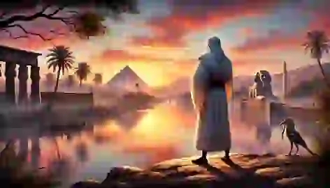 Amenu stands by the Nile River at sunset, reflecting on his journey with pyramids and palm trees in the distance.