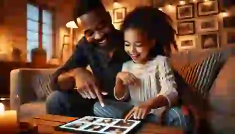 Zuri and her dad look at a tablet together in a cozy living room for hairstyle inspiration.