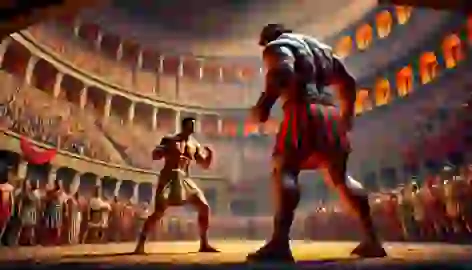 Melankomas faces his opponent in the Roman Colosseum.