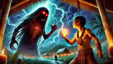 Guarionex battles the dark spirit Coaybay, holding a glowing amulet amidst lightning and storm clouds