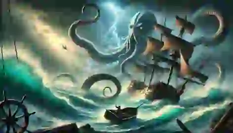 The Kraken’s tentacles wrap around a ship during a violent storm in the North Atlantic.