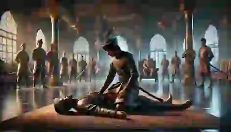 Hang Tuah kneeling beside Hang Jebat’s lifeless body in the Sultan