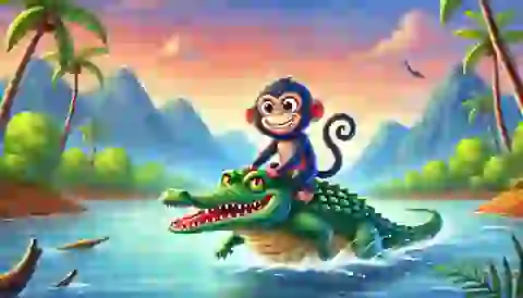 Monkey riding on the back of a crocodile in the middle of the river.