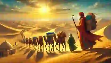 Daryush joins a caravan in the Dasht-e Kavir desert, walking alongside camels and a merchant under the blazing sun.