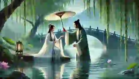 Bai Suzhen and Xu Xian meet under a shared umbrella at West Lake, beginning their fated romance.