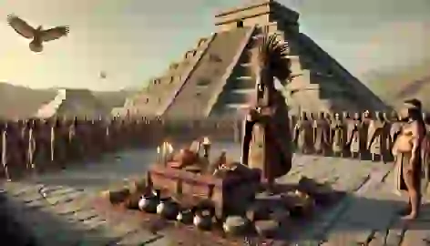 A Tiwanaku religious ceremony in front of the Akapana Pyramid with a priest and offerings.