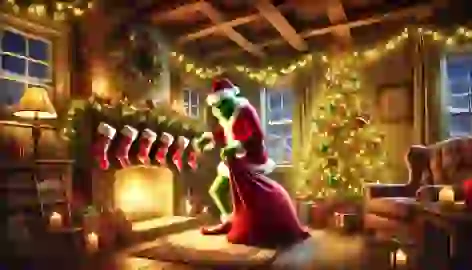 The Grinch sneaking into a Whoville home, stuffing stockings into a sack near a glowing Christmas tree.