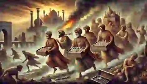 Sassanid nobles fleeing with treasure chests, the backdrop showing ruins of ancient Persian architecture and rising smoke.