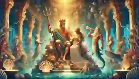 Poseidon and Amphitrite sit regally on their coral thrones in their royal underwater court.