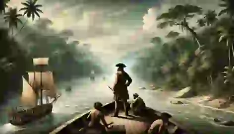 Sir Walter Raleigh aboard a ship navigating the Orinoco River with dense jungle on both sides.