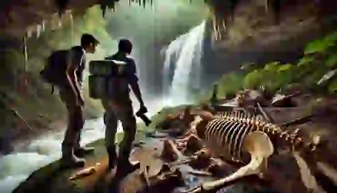 Lucas and Dr. Almeida cautiously explore a cave hidden behind a waterfall, surrounded by dense vegetation.