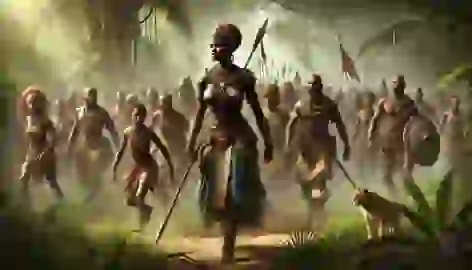 Queen Nzinga leading her army through the dense forest, preparing for battle.