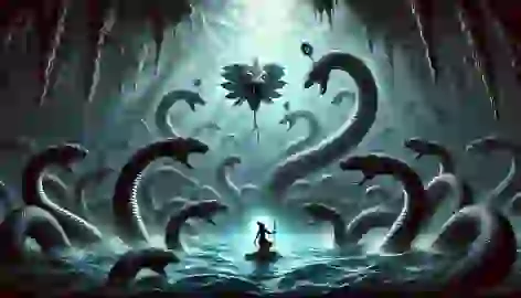 Krishna encounters the multi-headed Kaliya serpent underwater in the dark, foreboding depths of the Yamuna River.