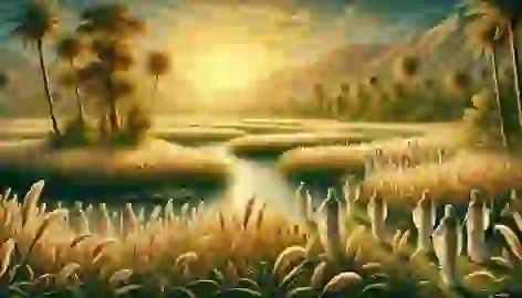 Souls of the righteous enjoy eternal peace in the lush, tranquil landscape of the Field of Reeds, symbolizing paradise.