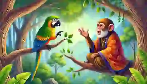 Wise parrot speaking to the monkey on a tree branch.