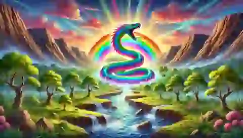 The Rainbow Serpent awakening and emerging from the earth, creating rivers and valleys in an ancient Australian landscape.