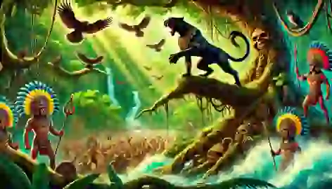 Itzamná in black jaguar form leading a jungle uprising against invaders under a dramatic golden canopy of sunlight.