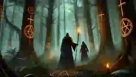  Elara leads Sir Edmund through a misty forest with glowing symbols on the trees, suggesting hidden dangers.