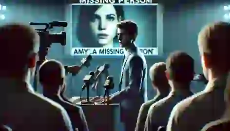 Nick at a press conference, standing somberly at a podium while screens behind him display Amy as a missing person.