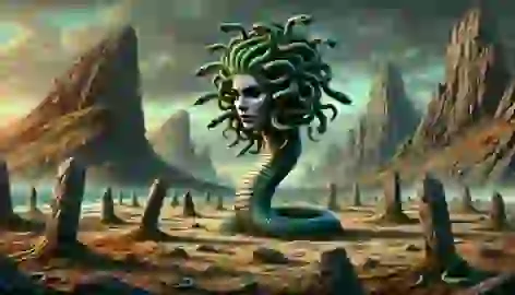 Medusa stands alone on a rocky island, surrounded by statues, looking sorrowful with serpent-like hair.