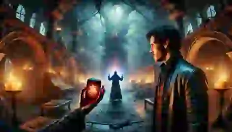 Alaric confronts the shadowy sorcerer inside a dark tower, holding a pulsing stone of dark energy.