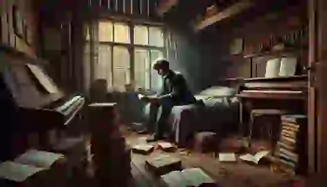 The lawyer, sitting in a small lodge, reading a book, surrounded by stacks of books and a piano.