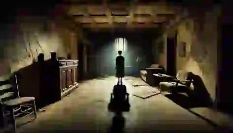 Inside a dimly lit room, Lucy stands facing the corner where a shadow begins to form, creating a tense atmosphere.