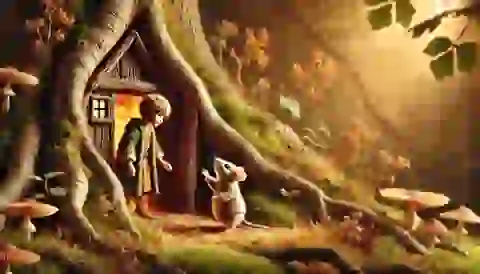 Thumbelina meets a kind field mouse at the entrance of his cozy tree-root home.