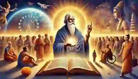 A scholar holds the Bhagavad Gita, its teachings spreading across cultures and times, symbolizing universal enlightenment.