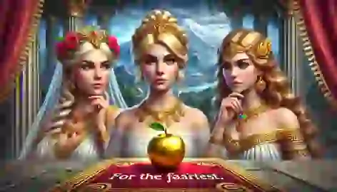 Hera, Athena, and Aphrodite gaze at the golden apple with curiosity and jealousy at the Mount Olympus landscape.