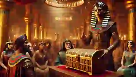 Set presents a jewel-encrusted chest to Osiris at a grand feast, setting his betrayal in motion.