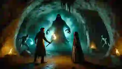 Arman confronts a shadowy specter in the Caverns of Karkas, holding a torch as Yasmin casts protective gestures.