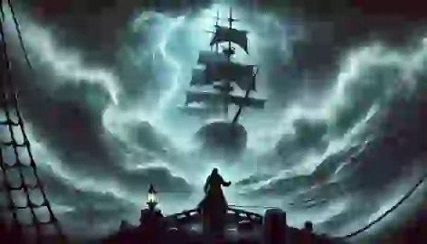 The Flying Dutchman, engulfed by a fierce storm, with the captain staring into the tempest, facing eternal torment.