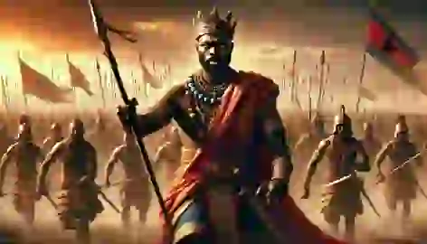 King Osei Tutu leads his army into battle with determination, spear in hand, against the enemy.