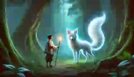 Liang encounters a glowing three-tailed white fox in a mystical forest on Yunlong Mountain.