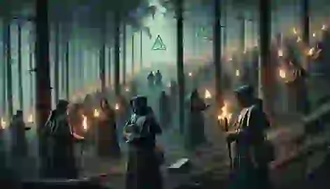 A group of Rosicrucians flee through a dark forest carrying ancient books, while torch-wielding inquisitors pursue them