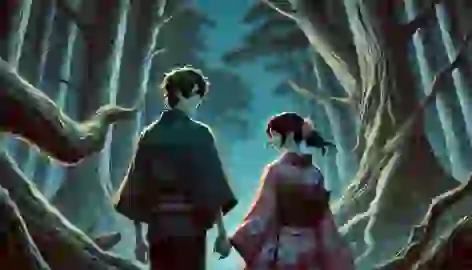 Kage, now fully human, walks hand in hand with Aiko as they leave the forest under the moonlight.