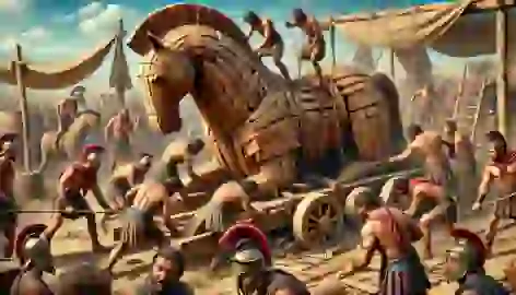 Greek warriors work tirelessly to construct the enormous wooden horse, displaying determination and skill.