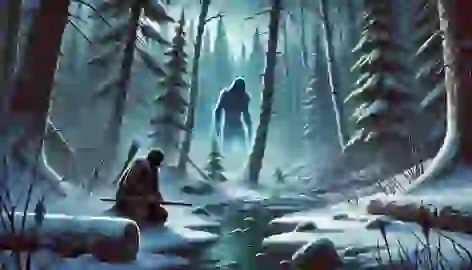 Kitchi kneels by a frozen stream in a snowy forest as a shadowy figure moves in the distance.