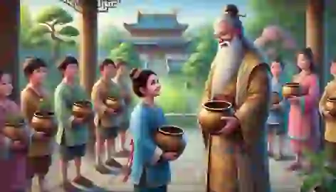 A young girl presents an empty pot to the Emperor, who smiles warmly, recognizing her honesty in the palace courtyard.