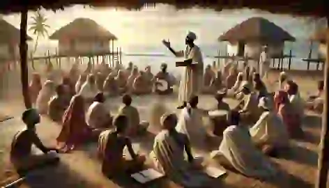 Liongo teaches poetry and music to attentive students in a peaceful coastal village, bathed in warm sunset light.