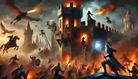 Siege of Eldran Keep with heroes defending against monstrous creatures and flaming projectiles at dawn.