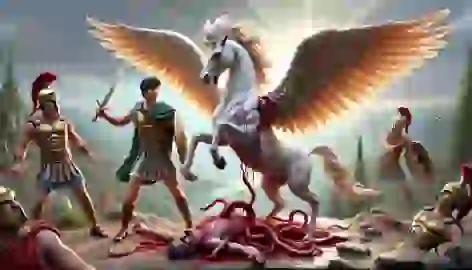 Perseus stands over the defeated Medusa, as Pegasus emerges from her blood, wings spread wide in the sunlight.