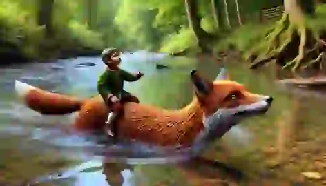 The gingerbread man riding on the fox’s back as they cross a wide, flowing river, surrounded by trees.