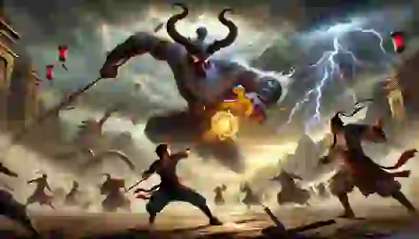 Sun Wukong battles the demon king with his magical staff as his companions fight the demon